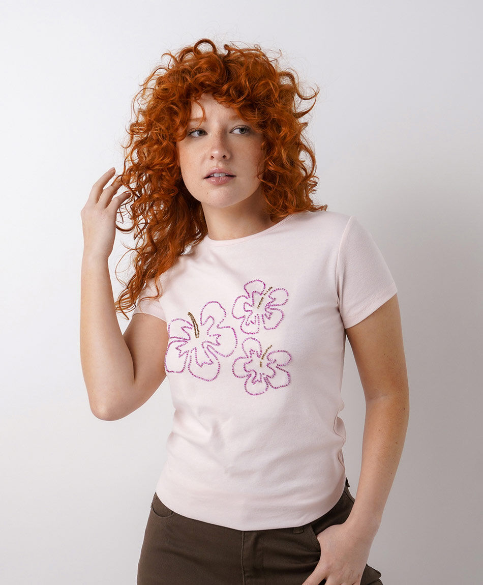 Polera mujer flores mostacillas