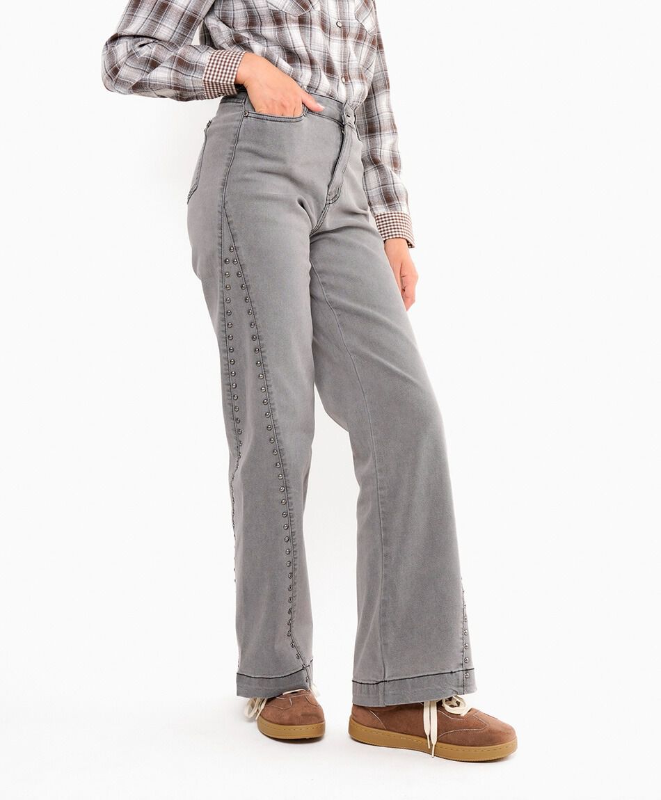 Jeans mujer wide leg tachas grey