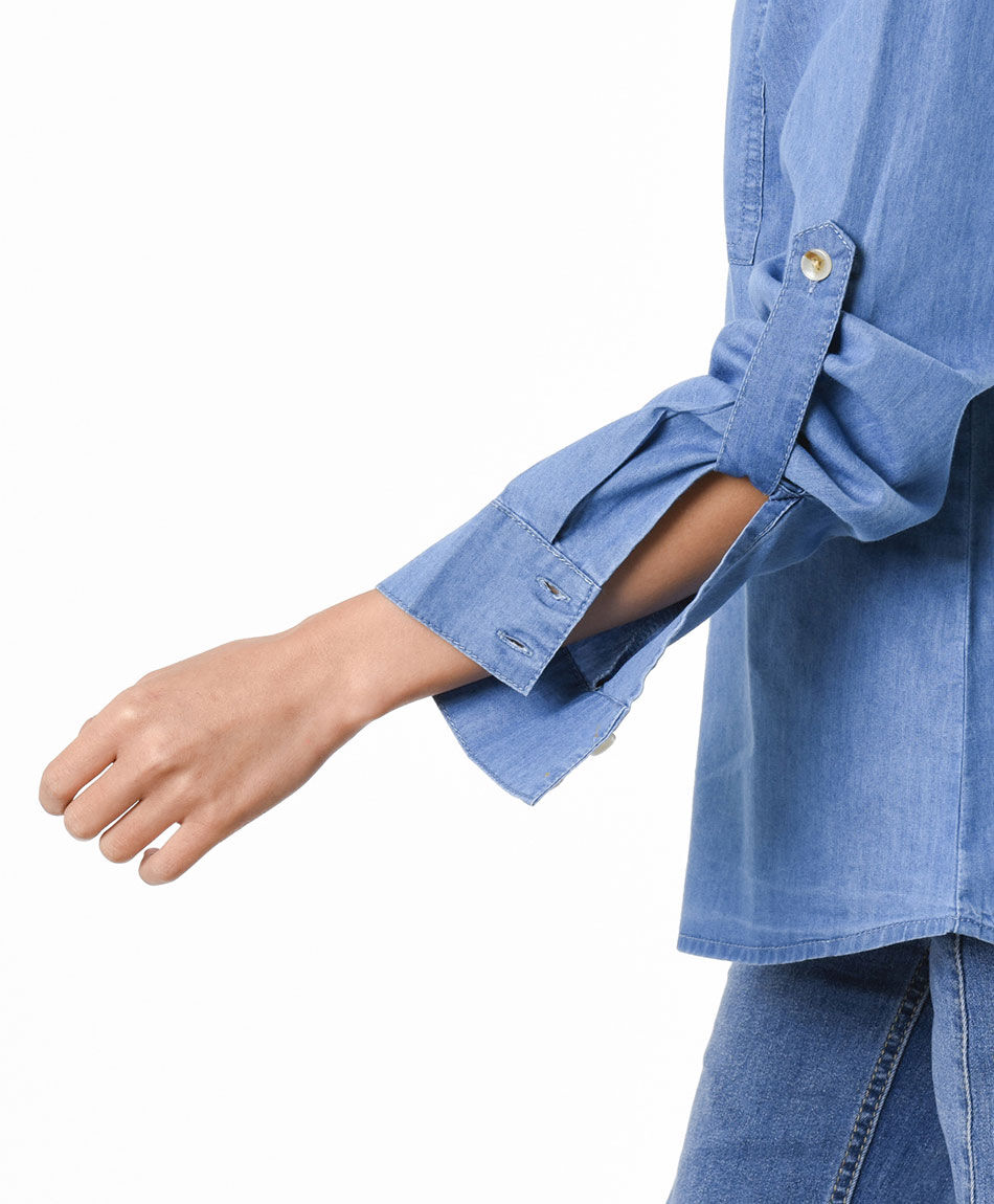 Blusa mujer denim bolsillos superiores