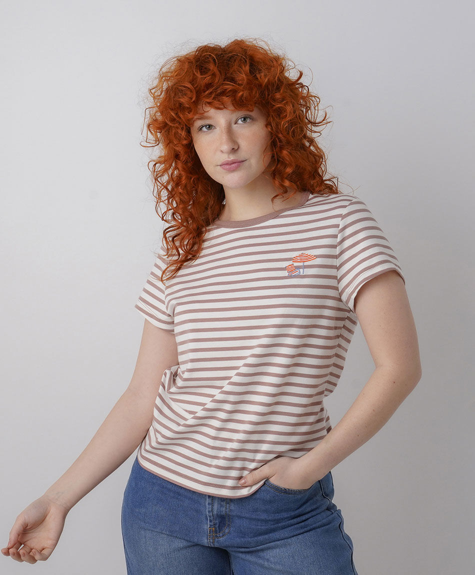 Polera mujer listas quitasol bordado
