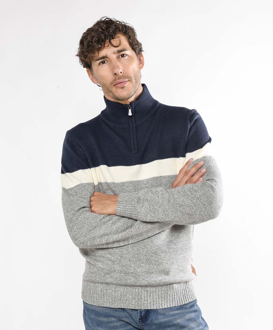 Sweater hombre tricolor medio cierre