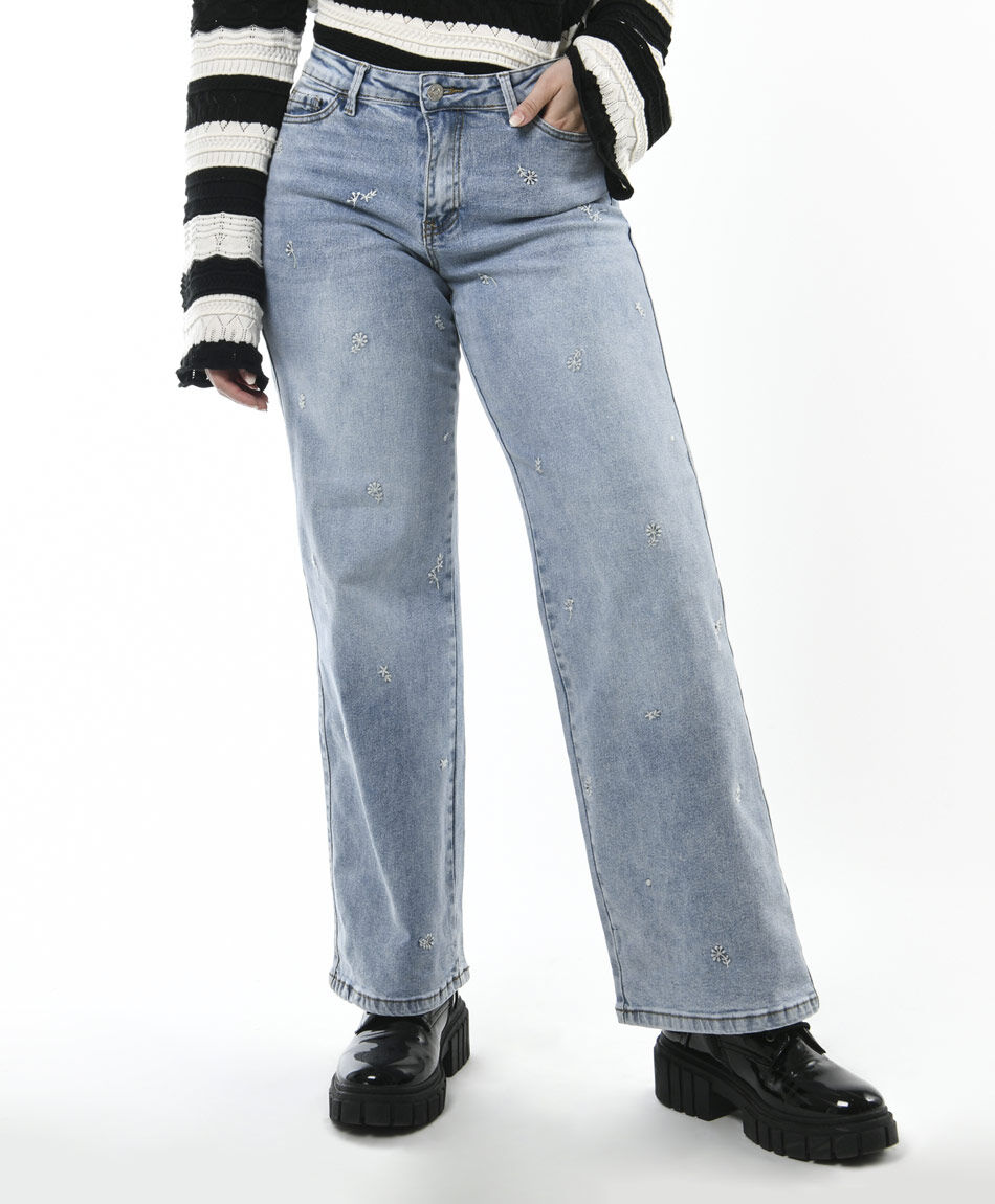 Jeans mujer flores bordadas wide