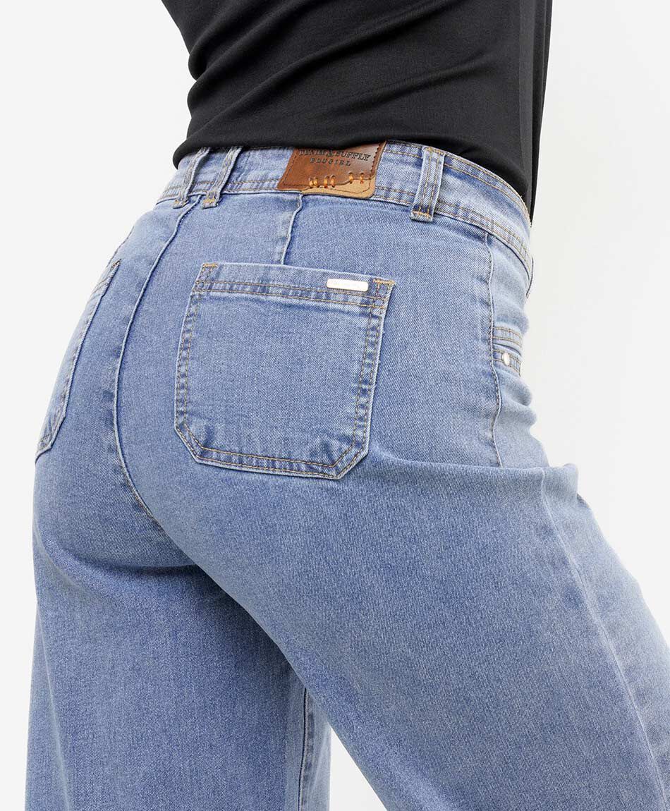 Jeans mujer wide leg bolsillo parche