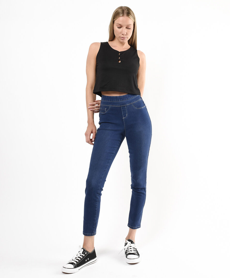 Jeans mujer leggins doble pretina skinny fit azul