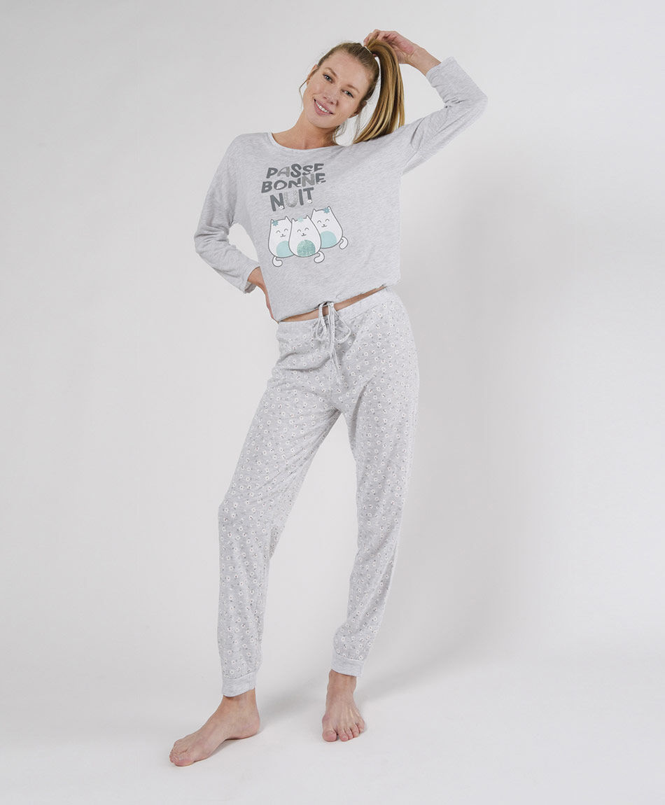 Pijama mujer gatos y florcitas 2 piezas