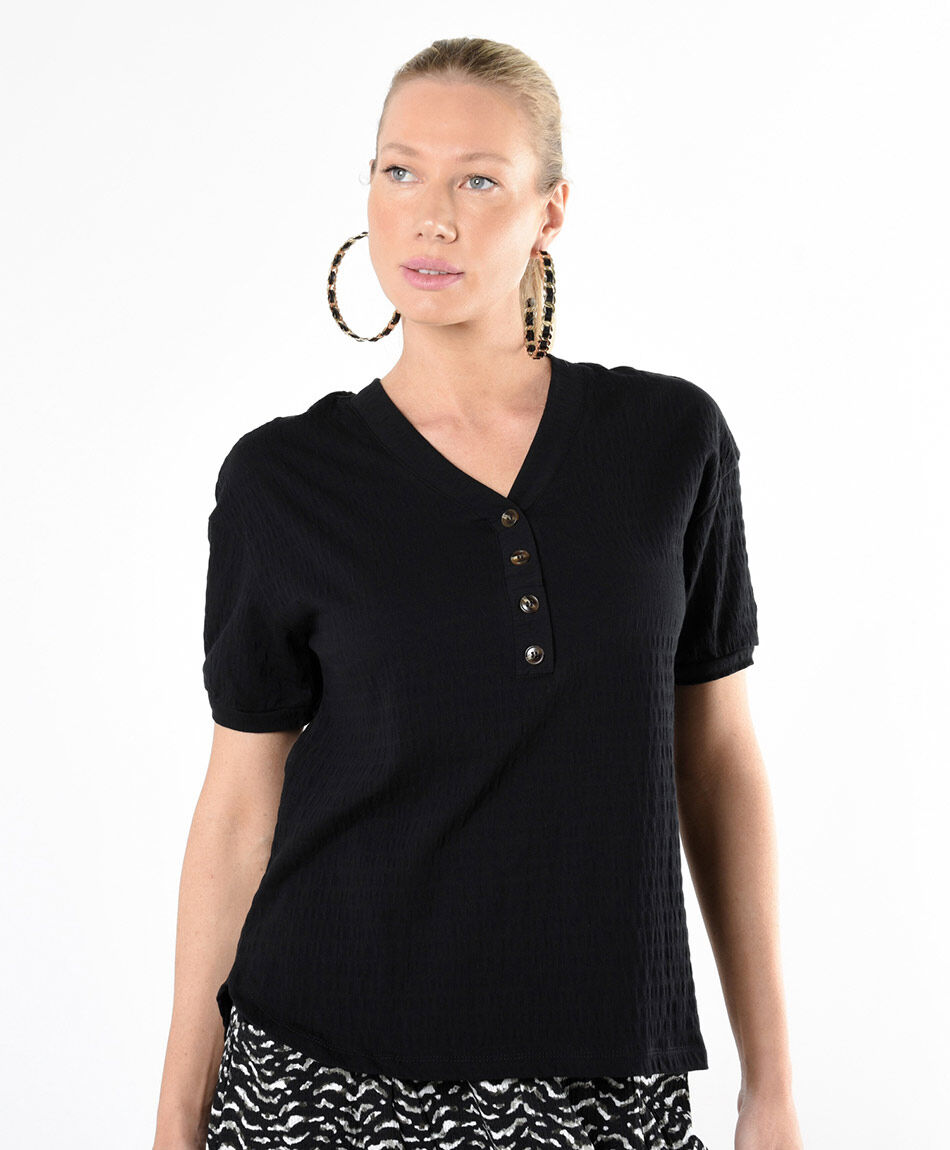Polera mujer textura botones negra