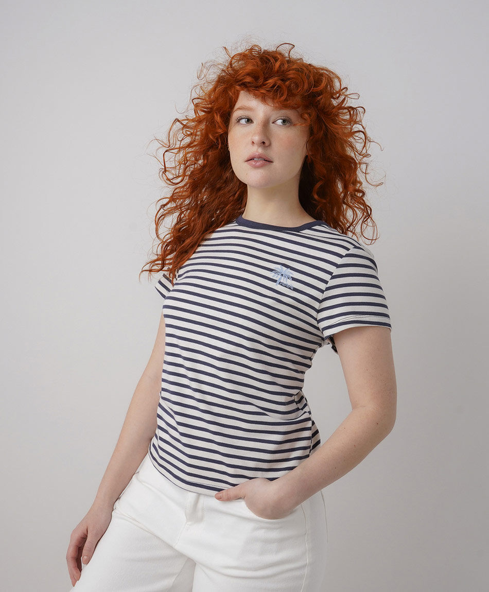 Polera mujer listas palmera bordada