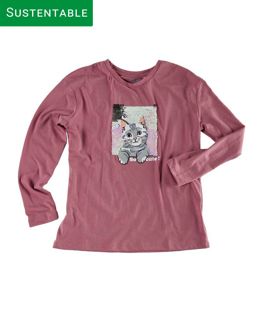 Polera ni&ntilde;a gatito manga larga