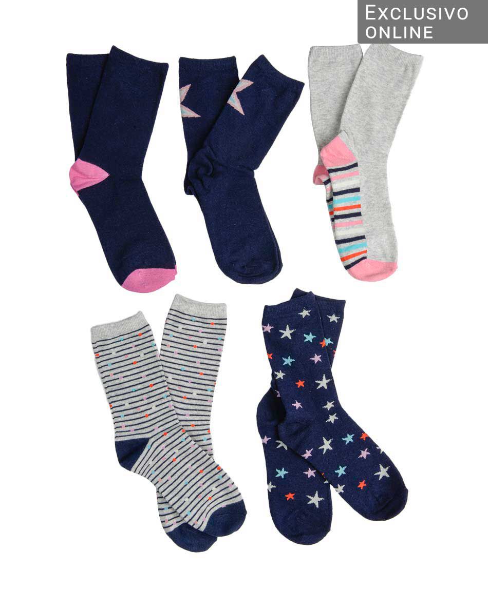 Pack 5 calcetines mujer media pierna l&iacute;neas y estrellas