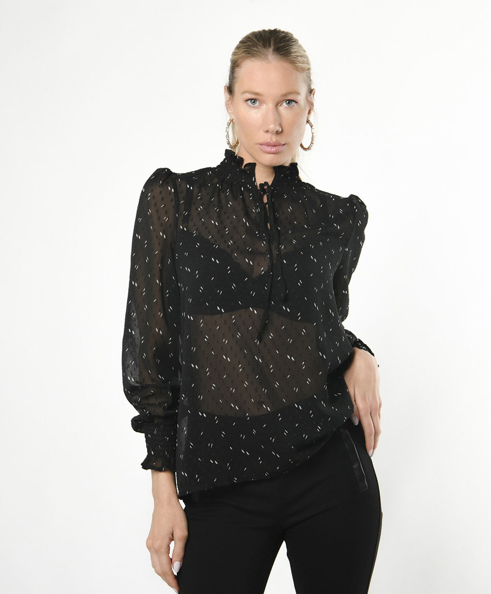 Blusa mujer transparente lazo en cuello Blusa mujer transparente lazo en cuello