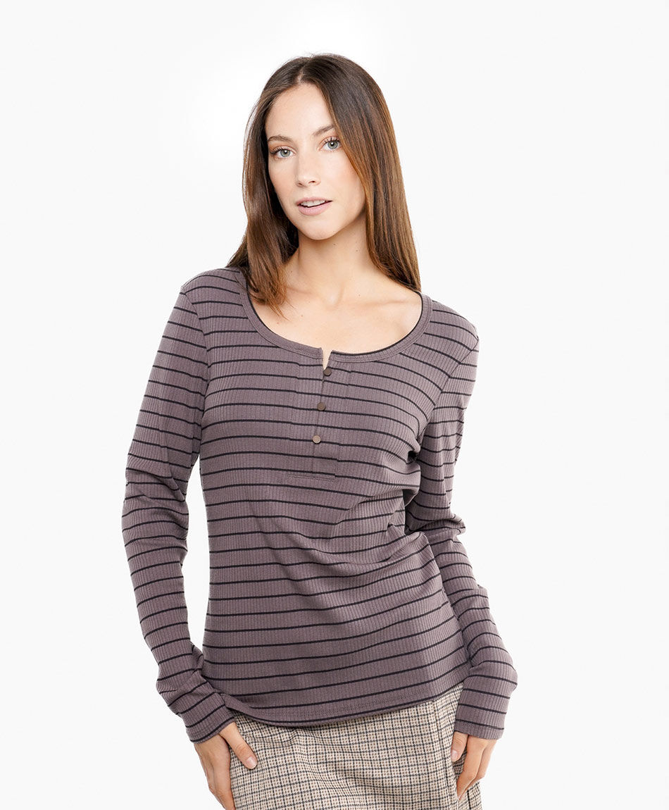 Polera mujer rib botones rayas brown