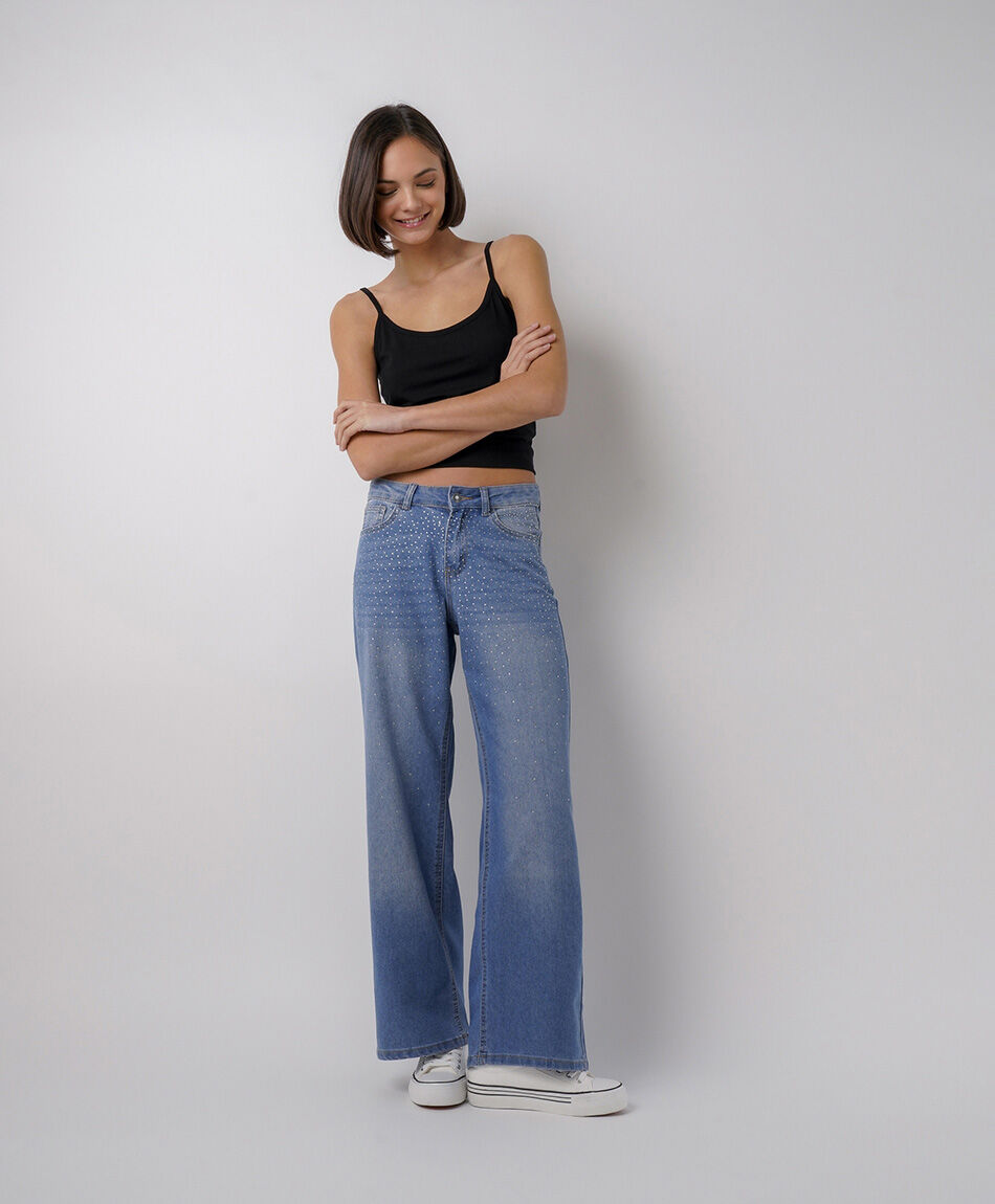 Jeans mujer wide leg brillos superior