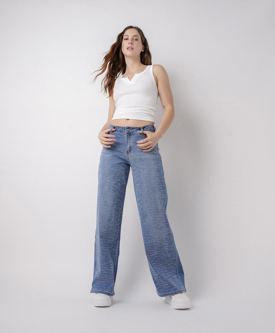 Jeans mujer wide leg dise&ntilde;o brillos
