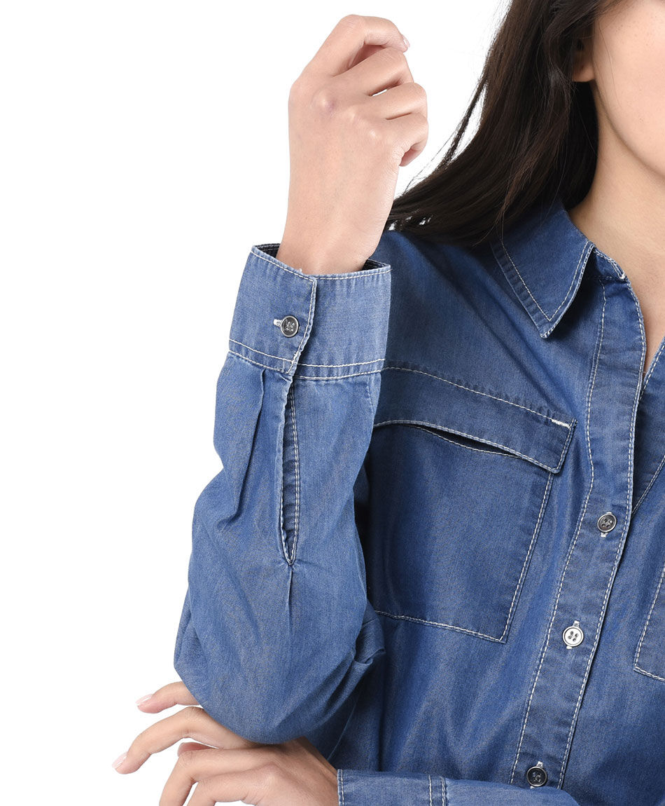Blusa mujer denim bolsillos