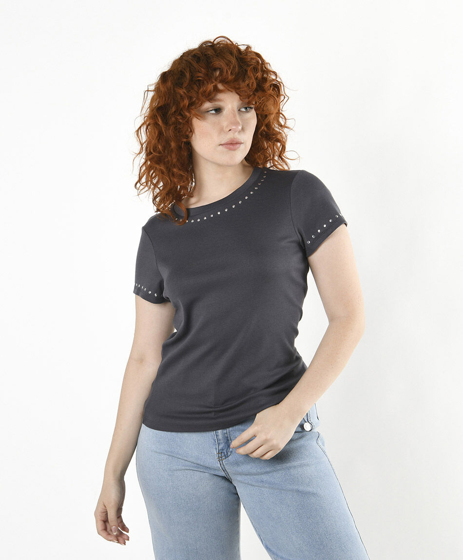 Polera mujer lisa brillos ajustada gris