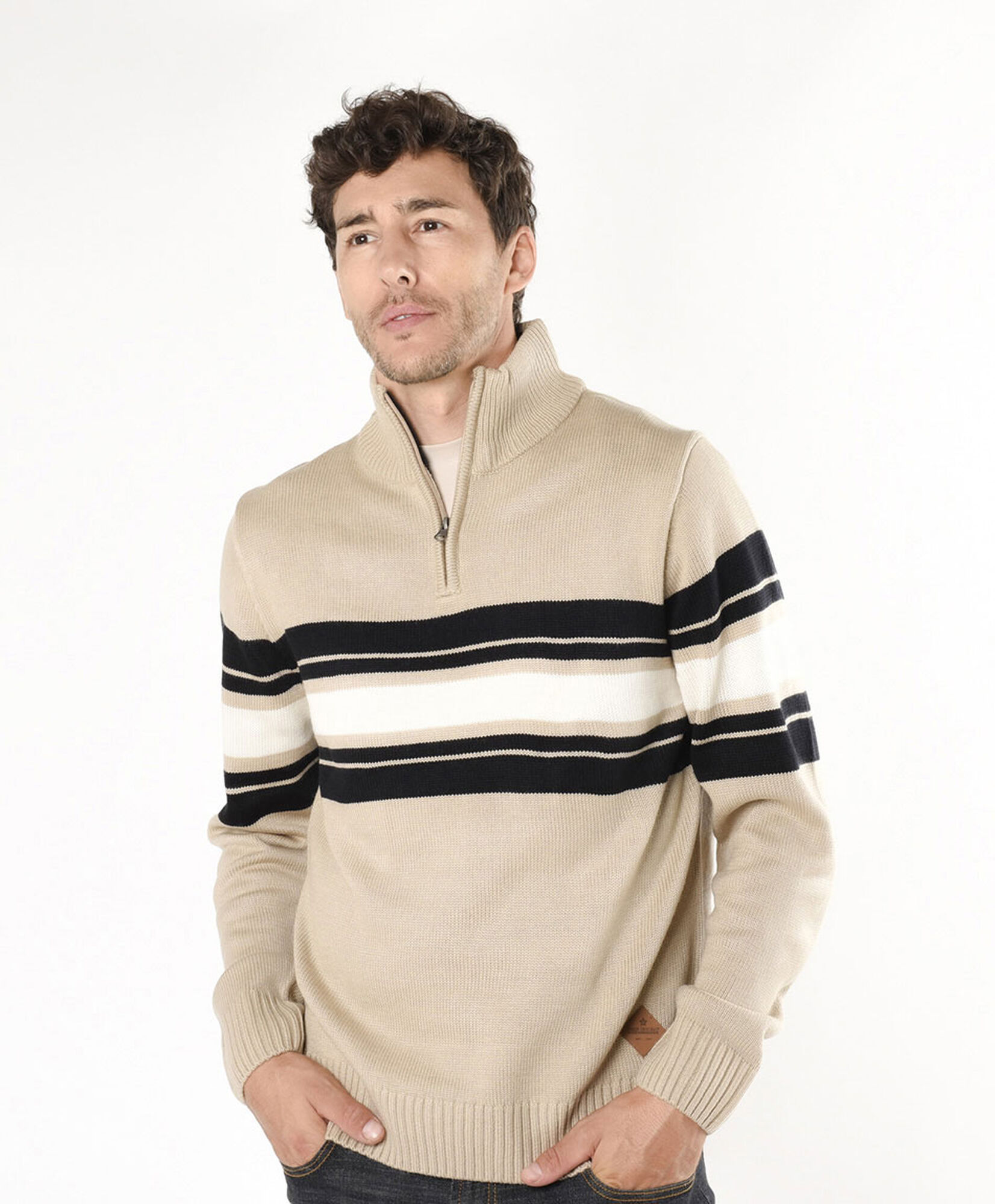 Sweater hombre líneas tricolor beige Sweater hombre líneas tricolor beige