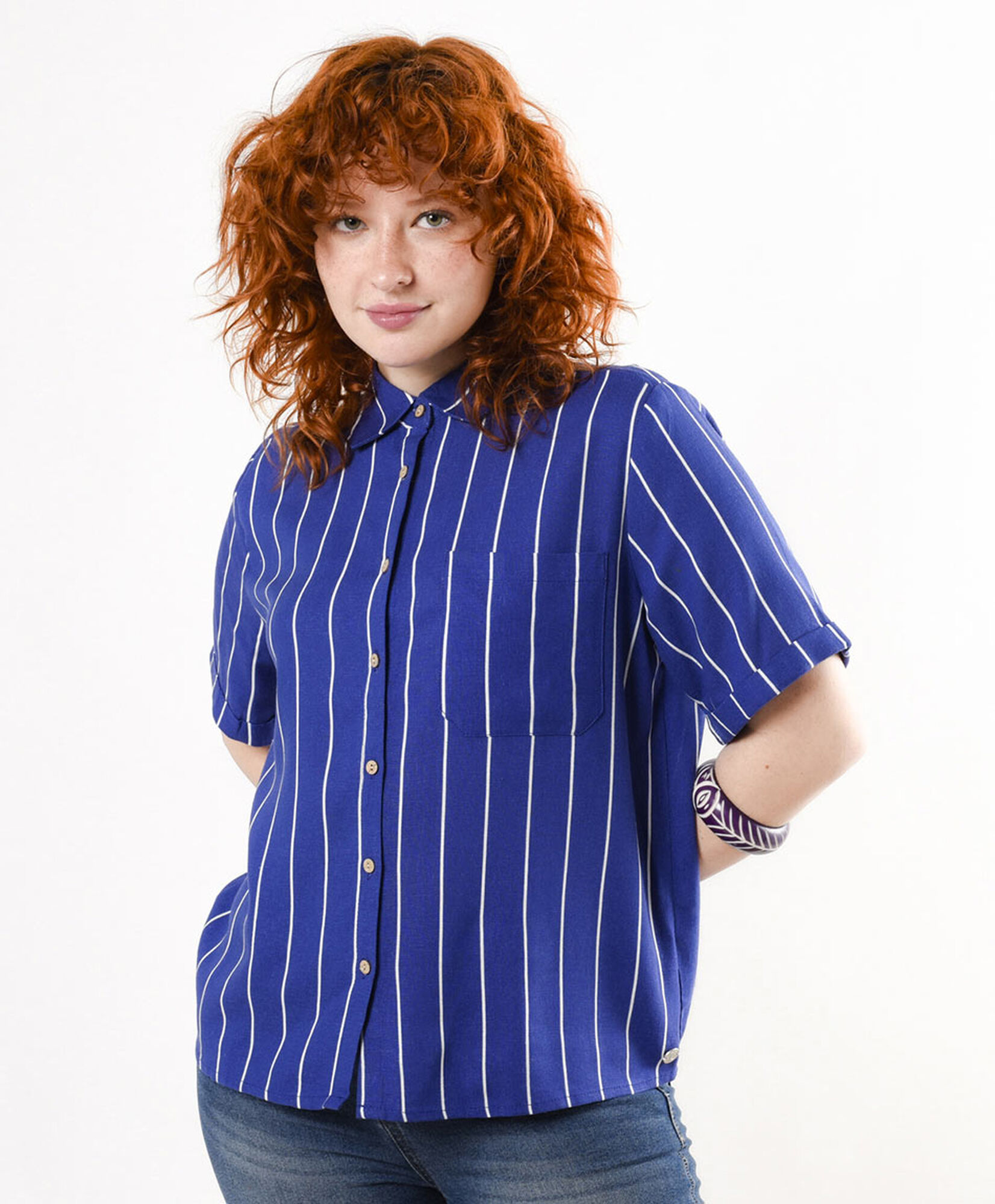 Blusa mujer lino líneas azul Blusa mujer lino líneas azul