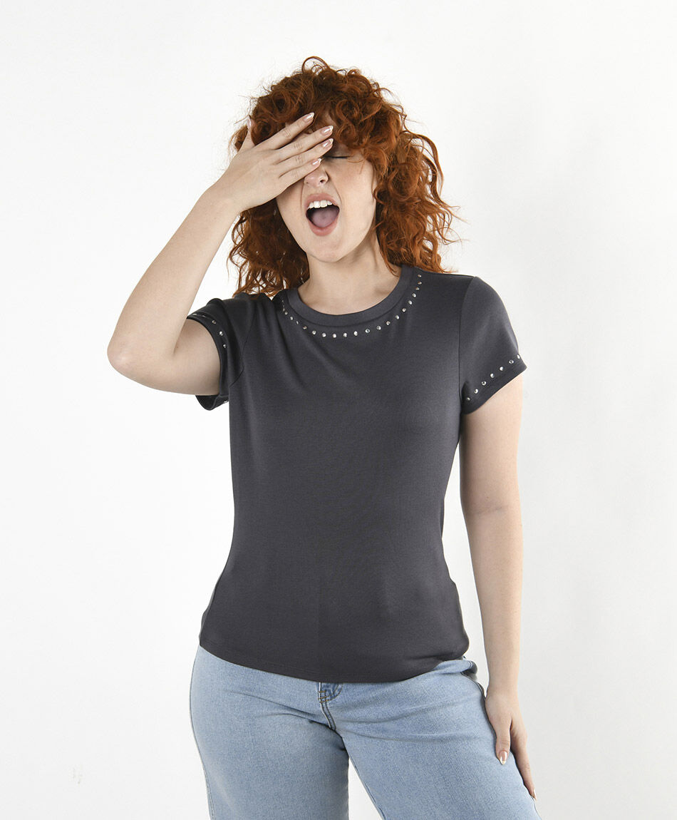 Polera mujer lisa brillos ajustada gris