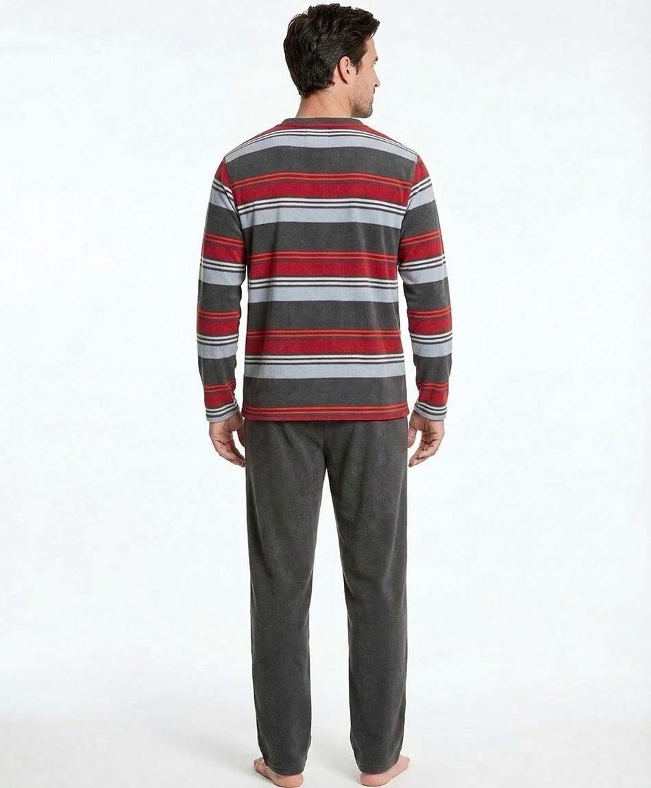 Pijama hombre polar l&iacute;neas grises rojas