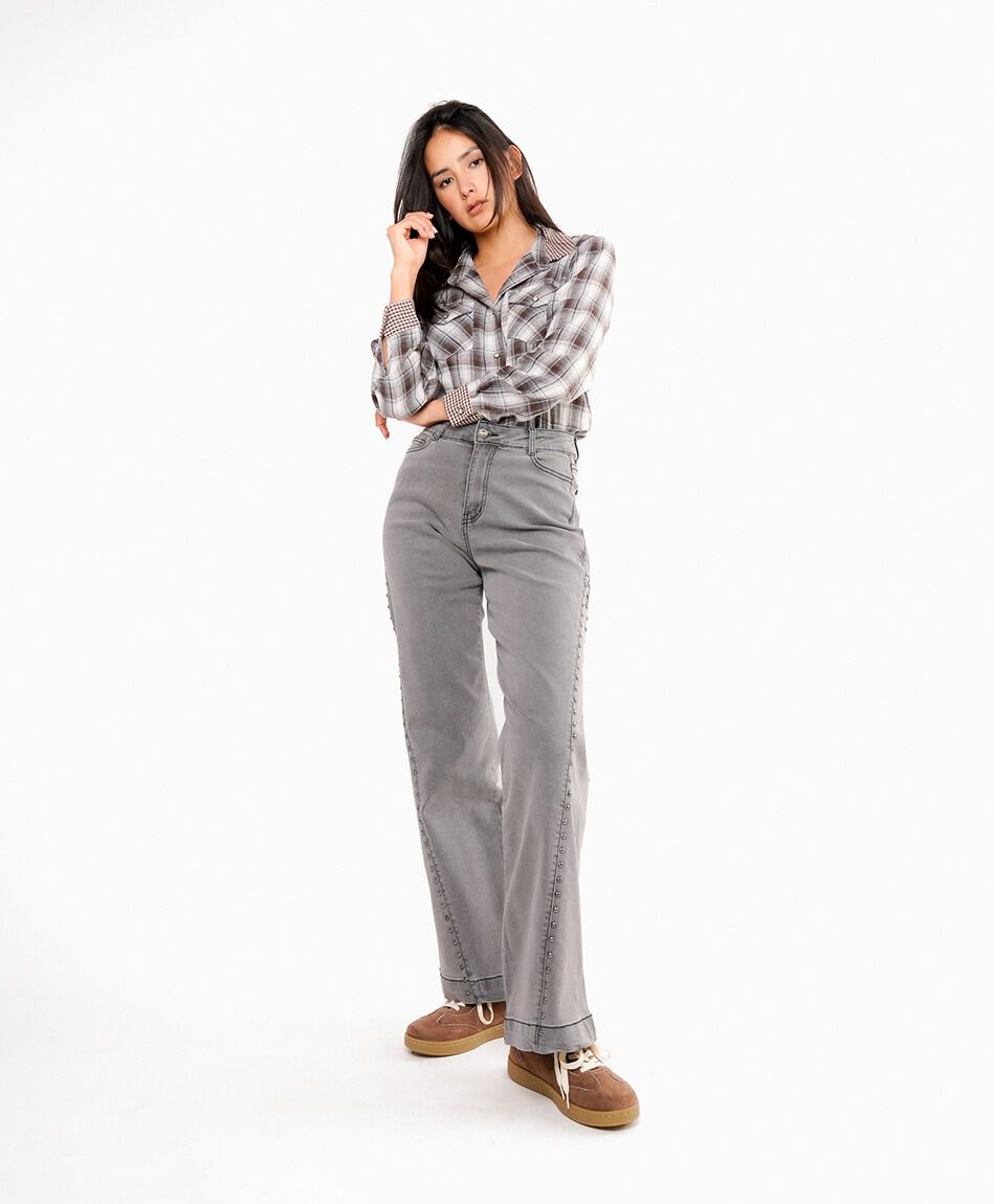 Jeans mujer wide leg tachas grey