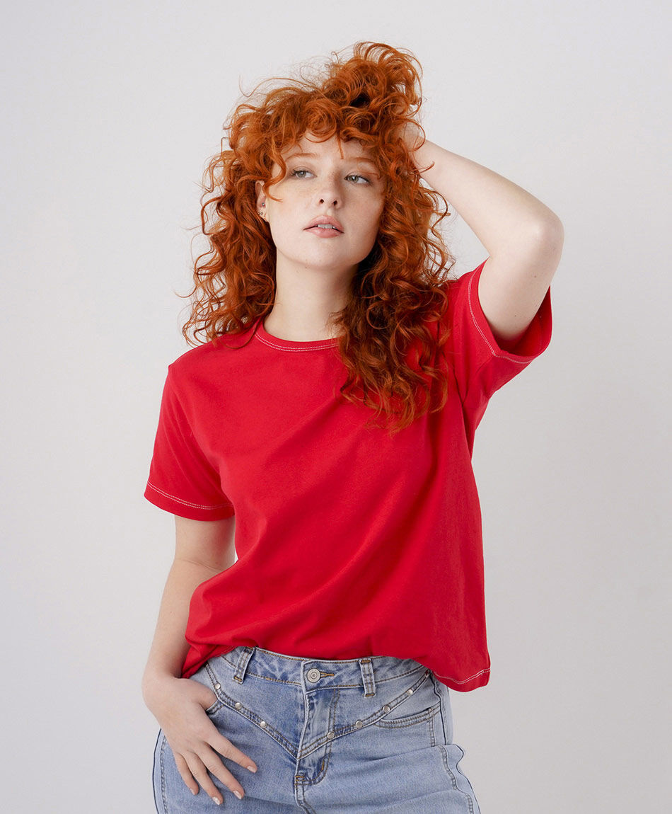 Polera mujer roja l&iacute;neas manga
