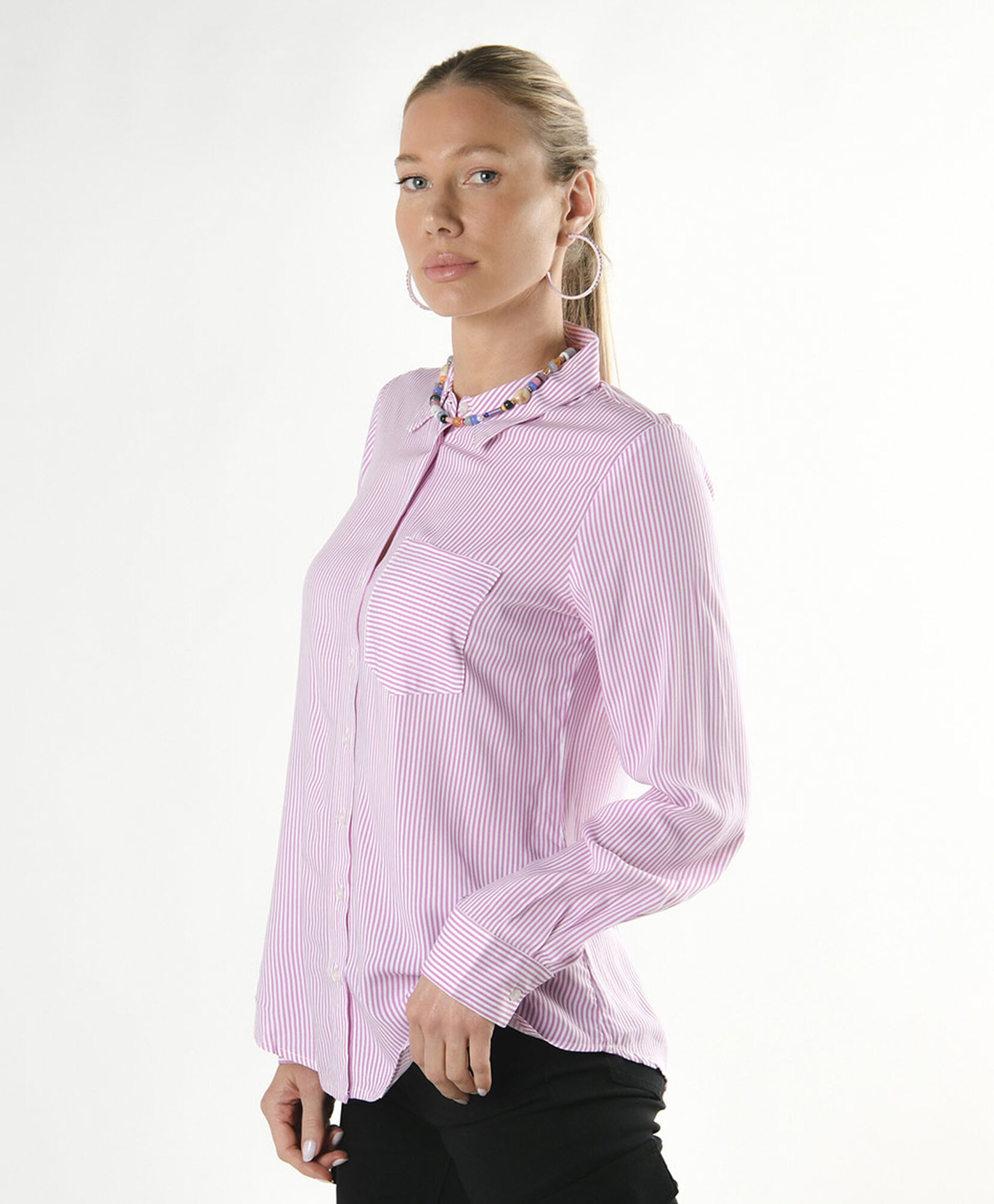 Blusa mujer rayas bolsillo rosada Blusa mujer rayas bolsillo rosada