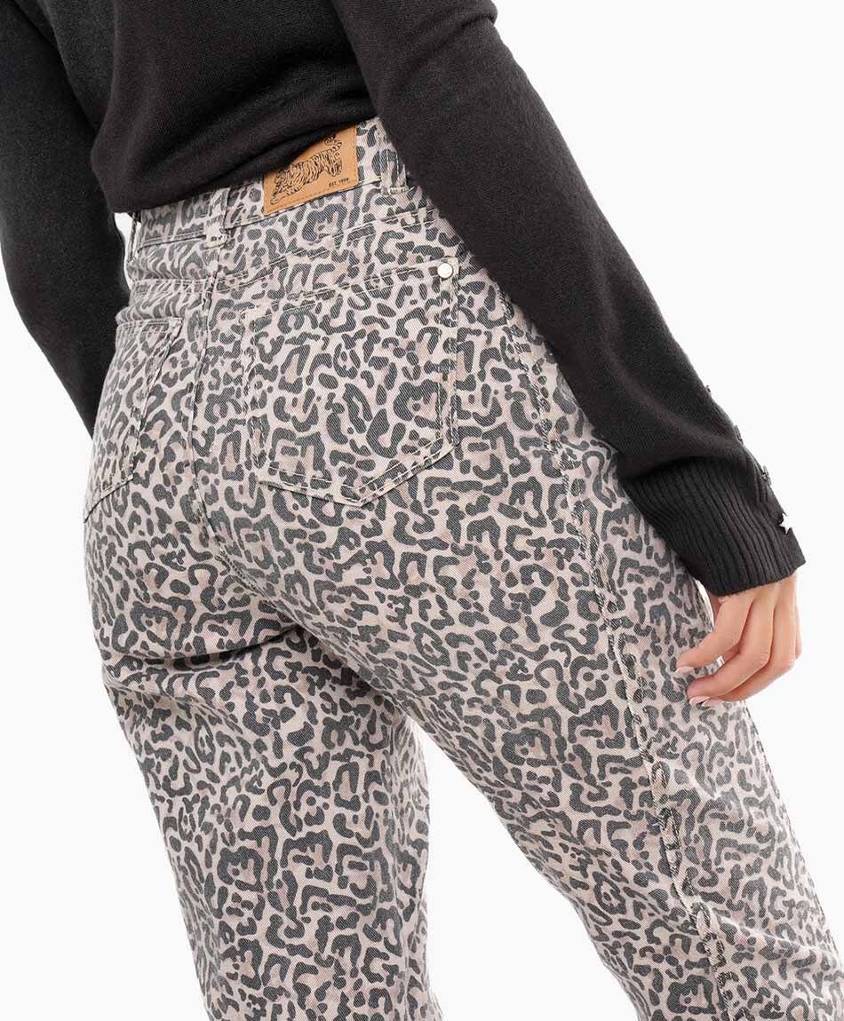 Jeans mujer animal print flare beige