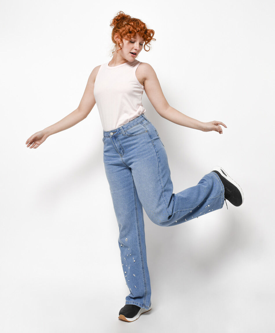 Jeans mujer bordado perlas