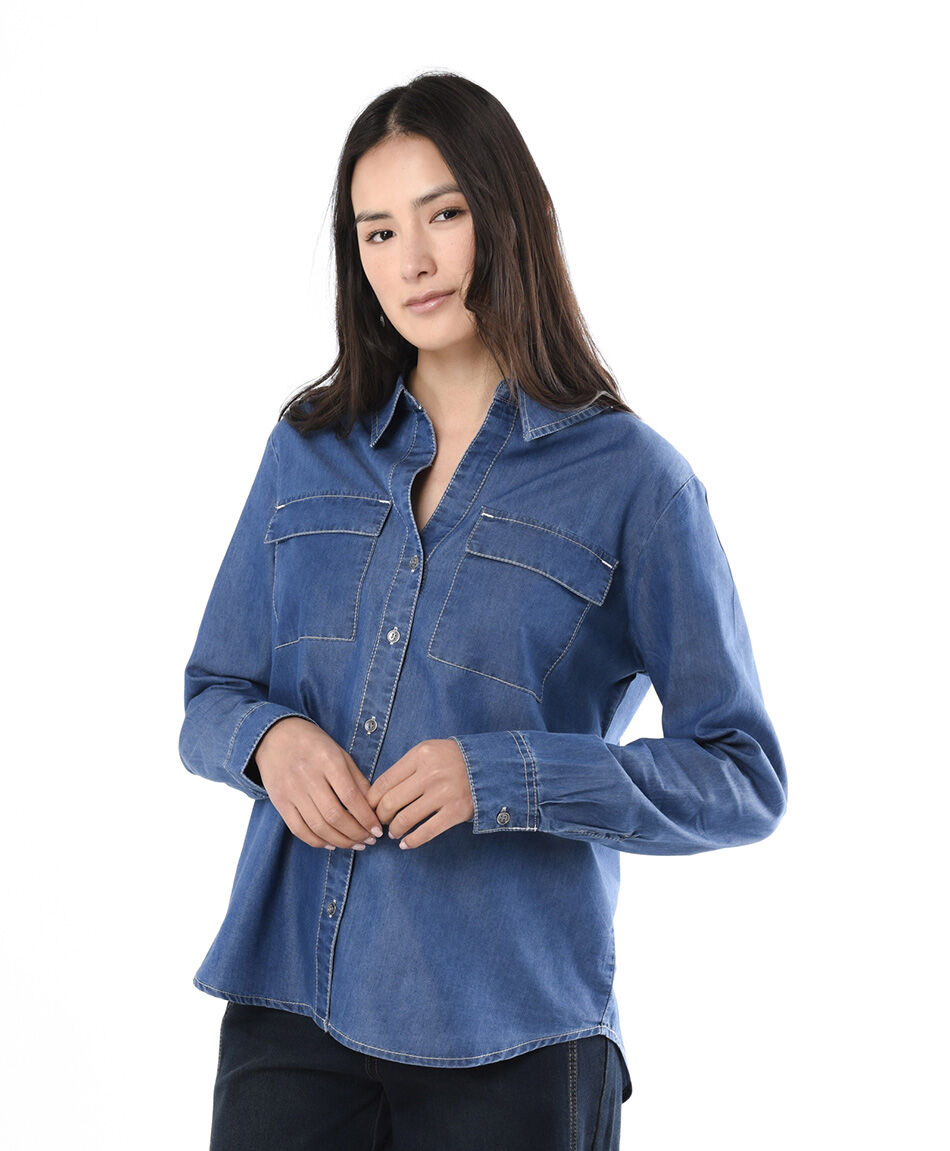 Blusa mujer denim bolsillos