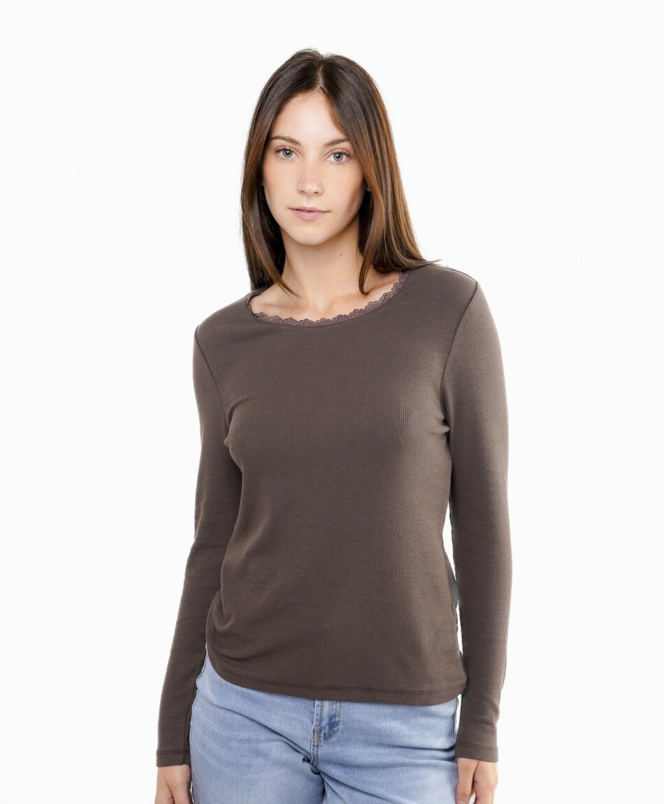 Polera mujer manga larga rib con encaje