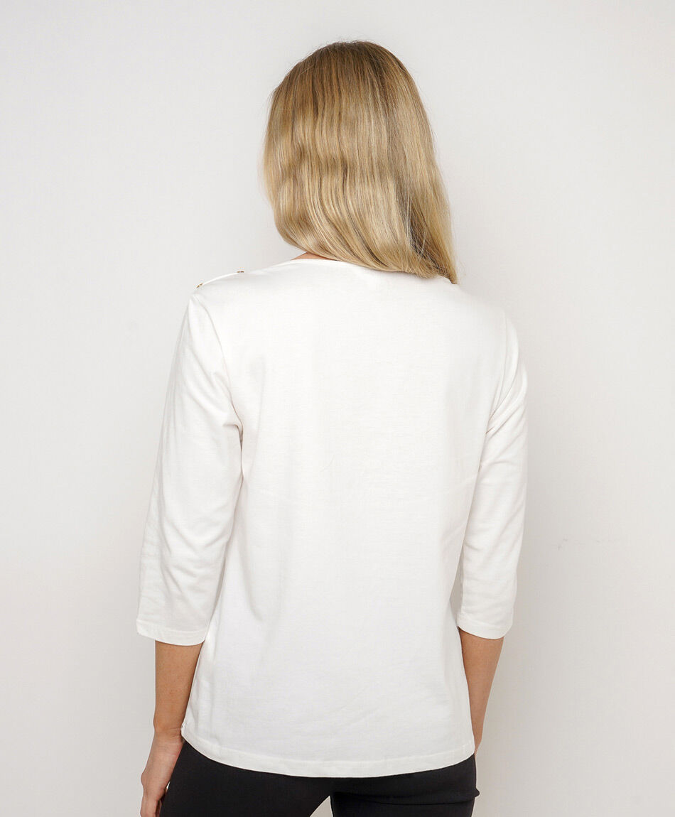 Polera mujer cuello bote botones blanca