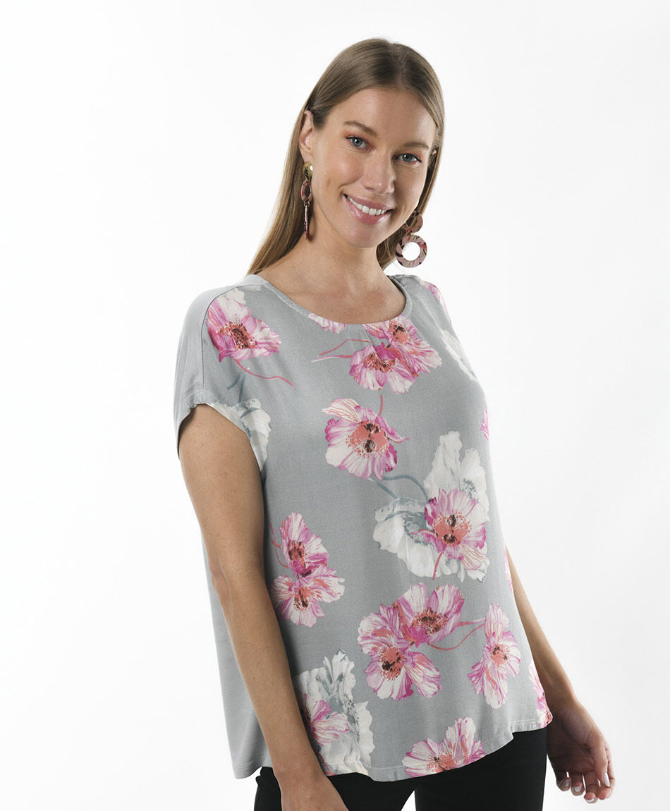 Polera mujer floral mix oversize gris