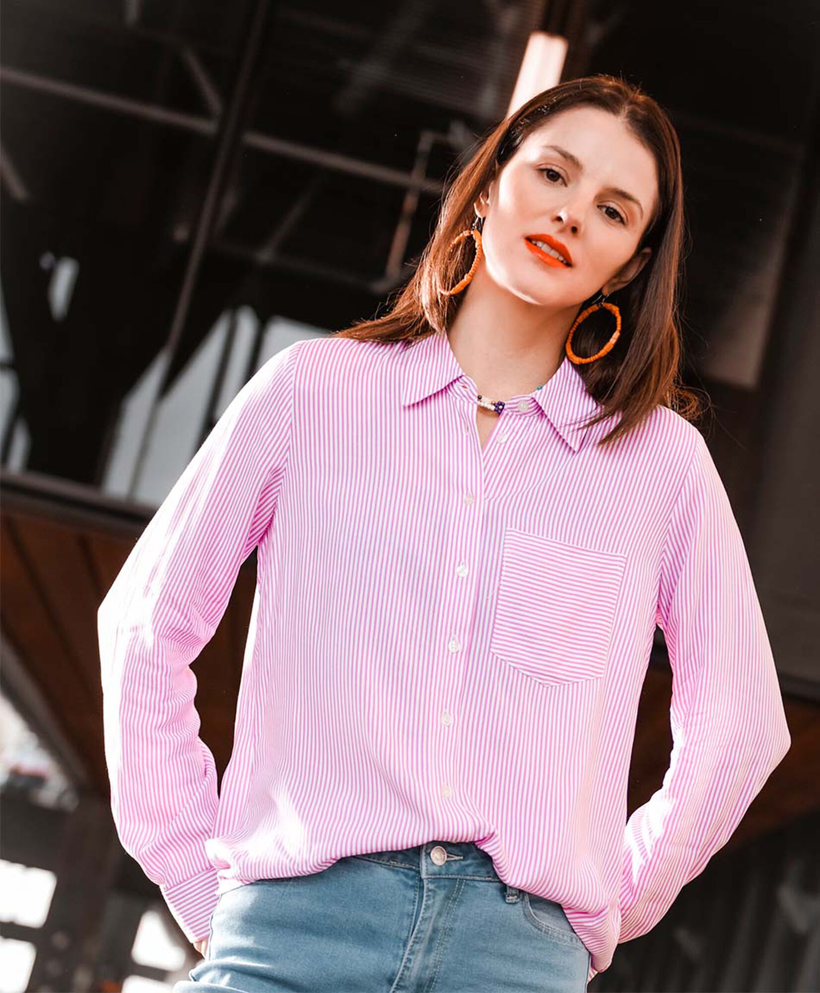 Blusa mujer rayas bolsillo rosada Blusa mujer rayas bolsillo rosada