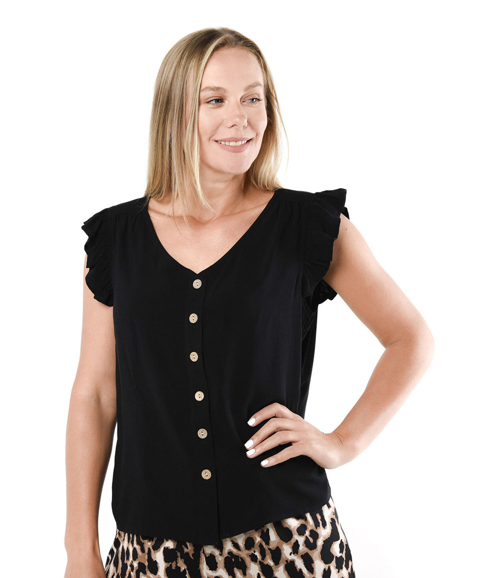 Blusa mujer mini manga botones negra Blusa mujer mini manga botones negra