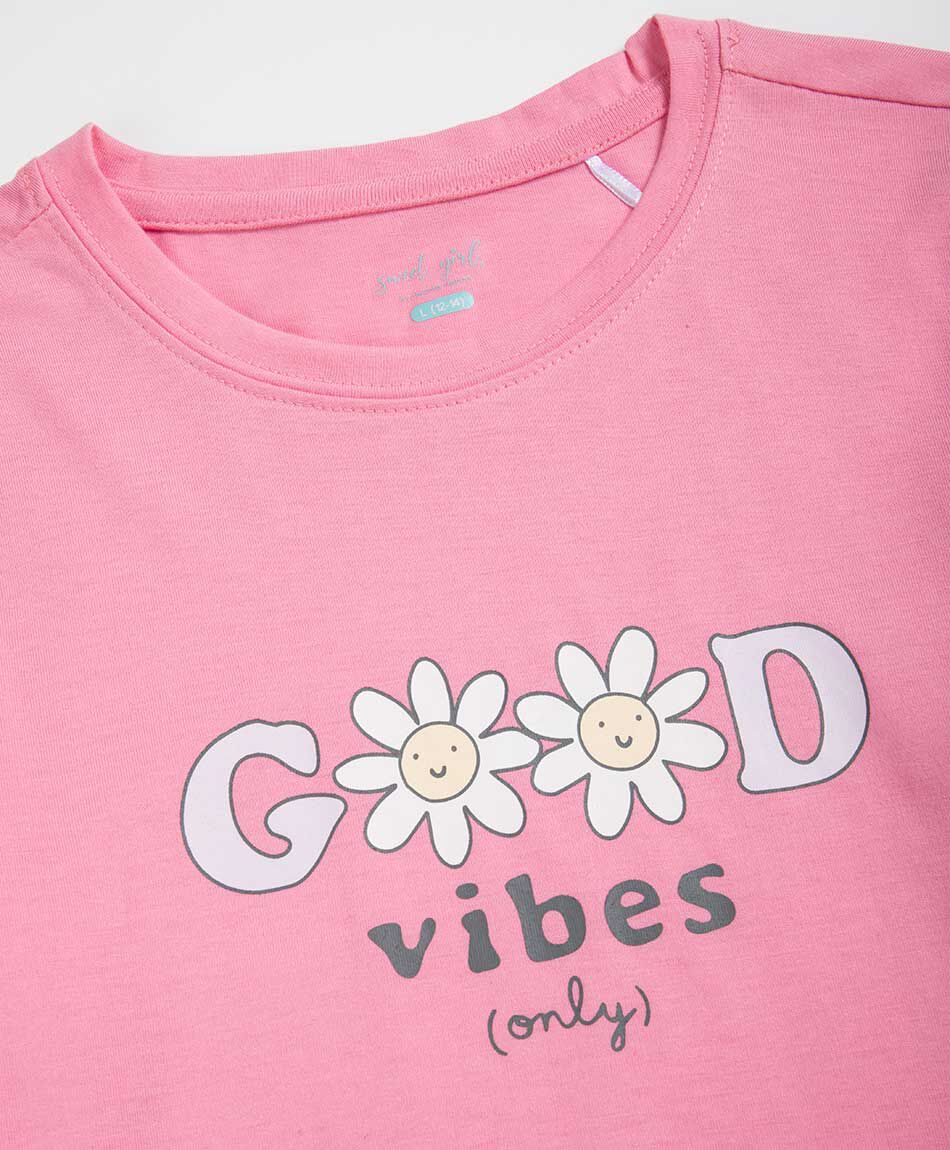 Polera ni&ntilde;a good vibes rosa
