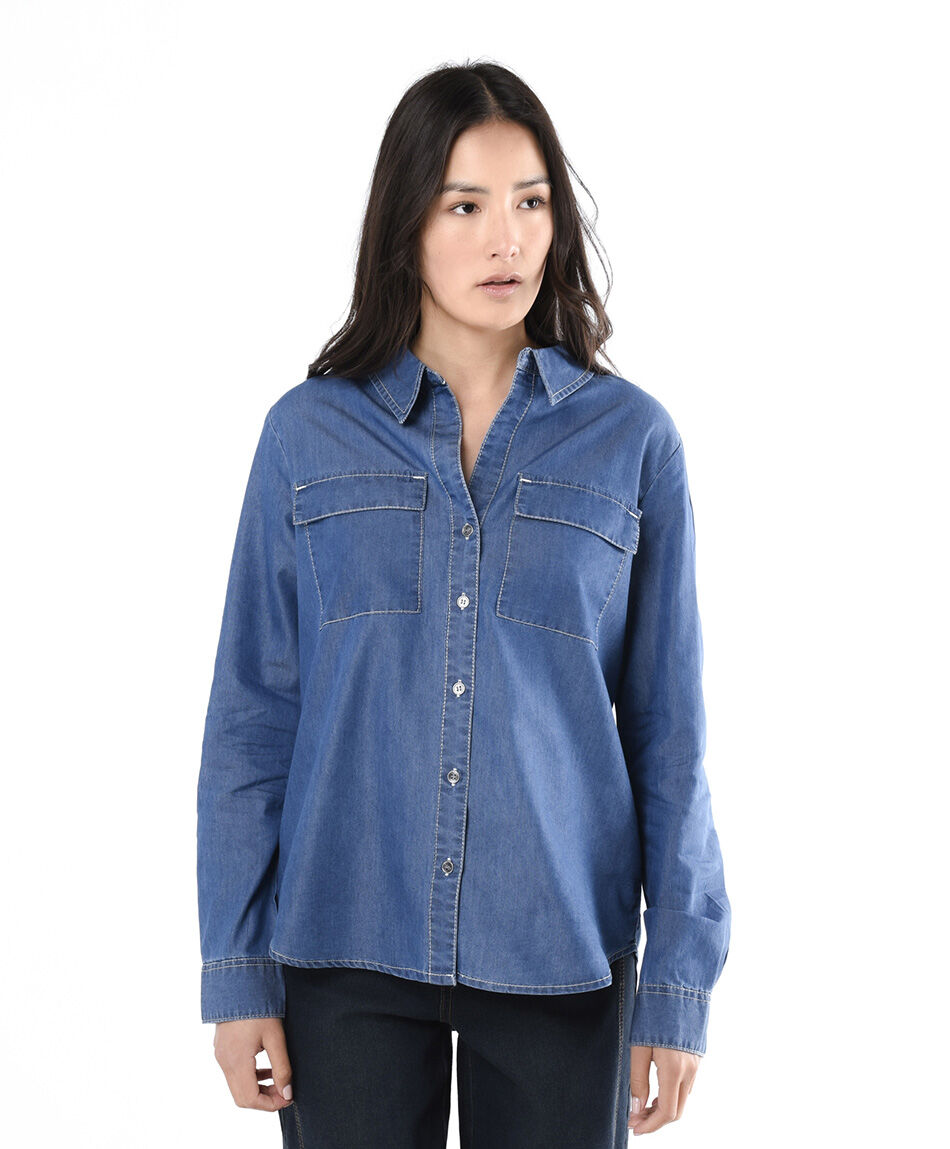 Blusa mujer denim bolsillos