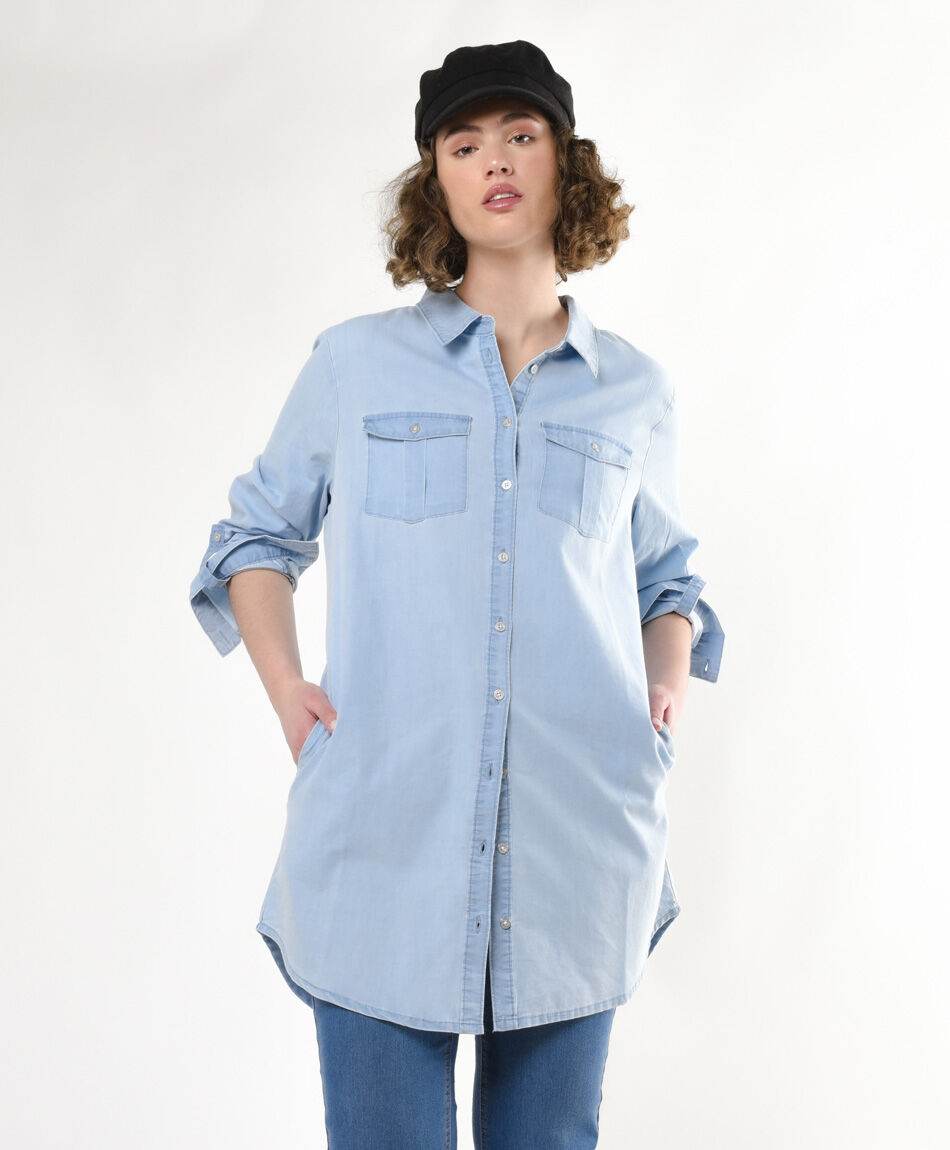 Blusa mujer denim bolsillos larga
