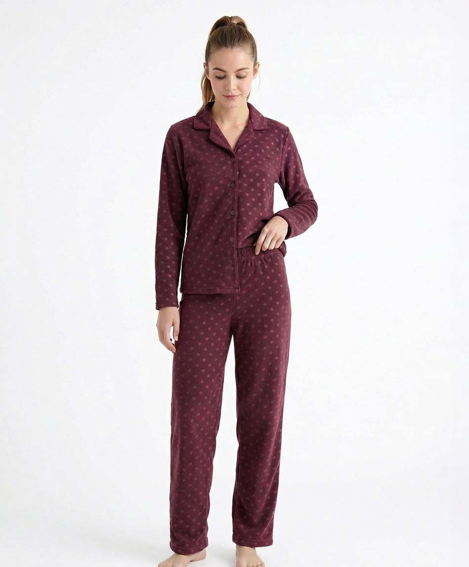 Pijama mujer polar lunares burdeo
