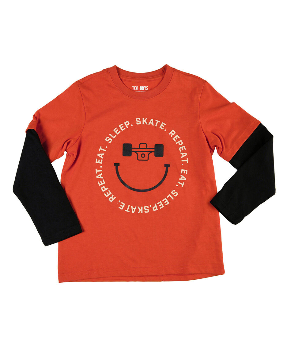 Polera ni&ntilde;o bicolor textos manga larga