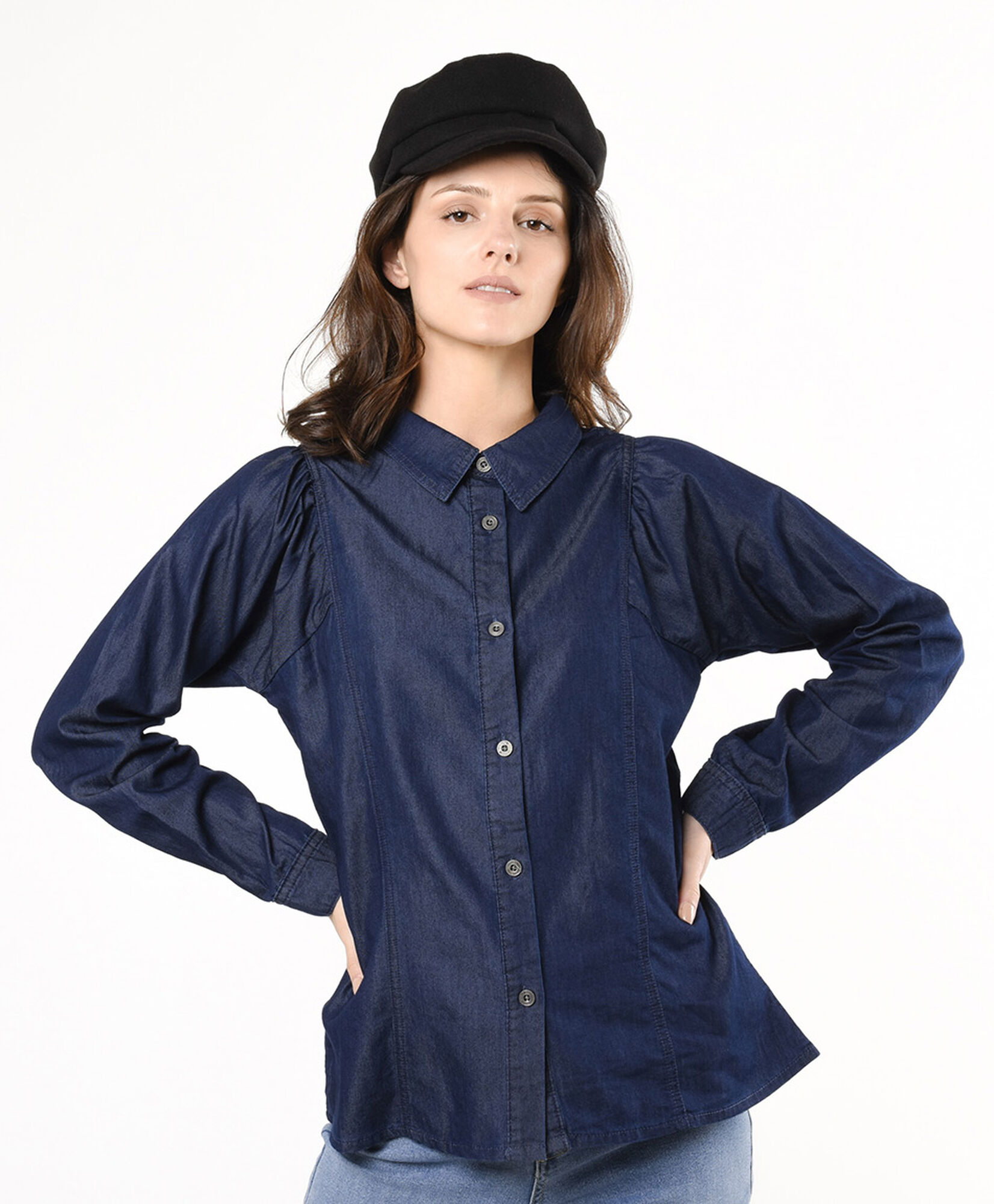 Blusa mujer denim manga recogida Blusa mujer denim manga recogida