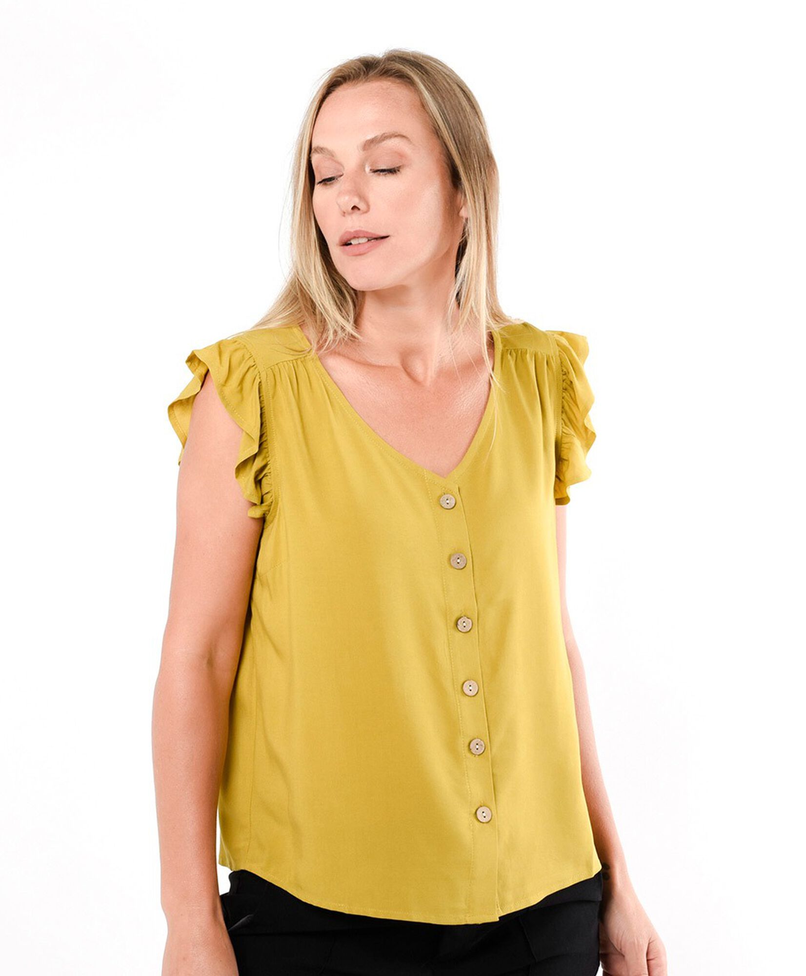 Blusa mujer mini manga botones amarilla Blusa mujer mini manga botones amarilla