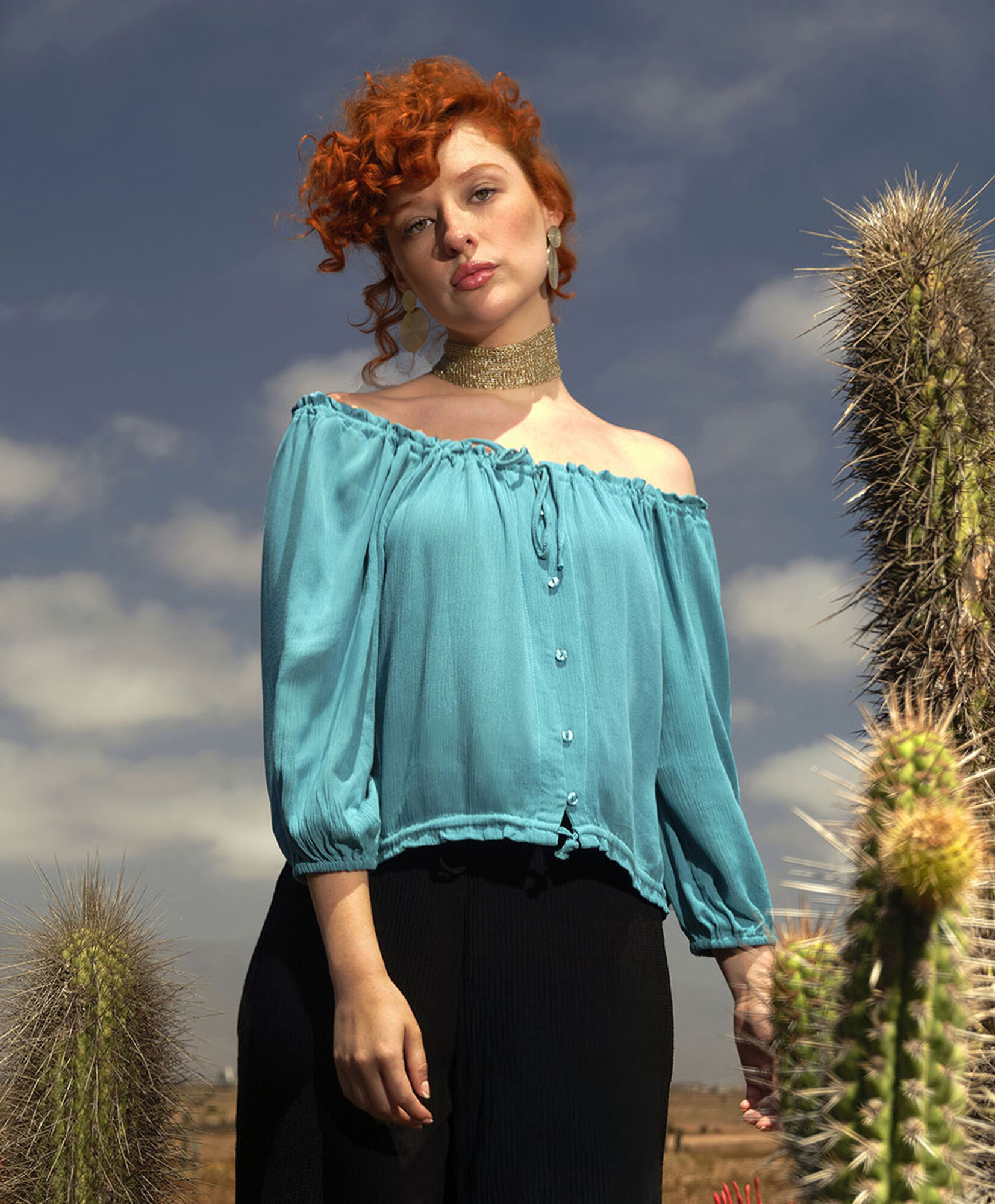 Blusa mujer lazo elástico turquesa Blusa mujer lazo elástico turquesa