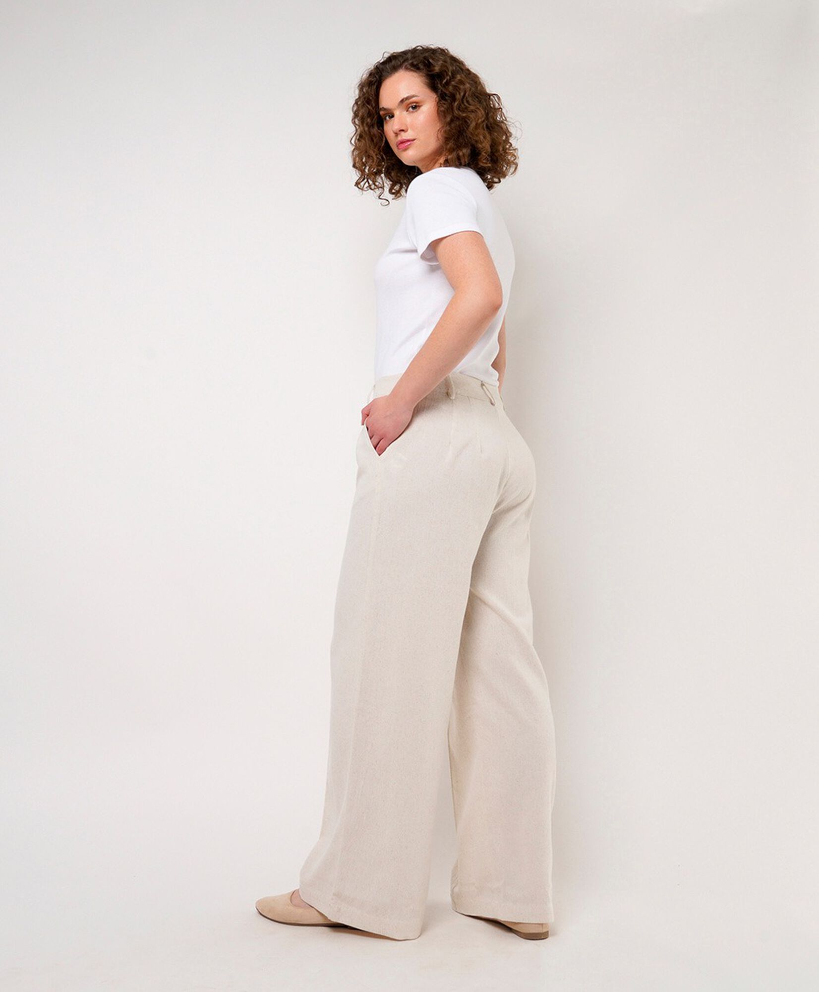 Pantalón mujer lino tiro alto wide Pantalón mujer lino tiro alto wide
