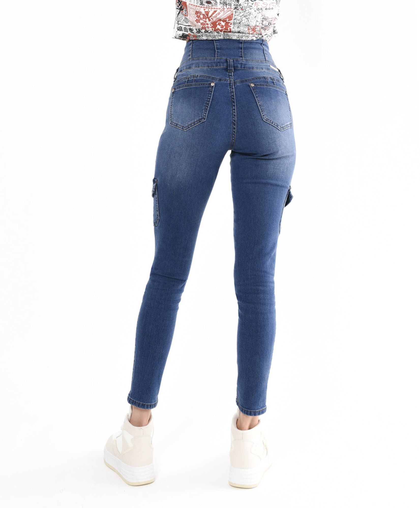 Jeans mujer cargo pretina ancha skinny fit Jeans mujer cargo pretina ancha skinny fit