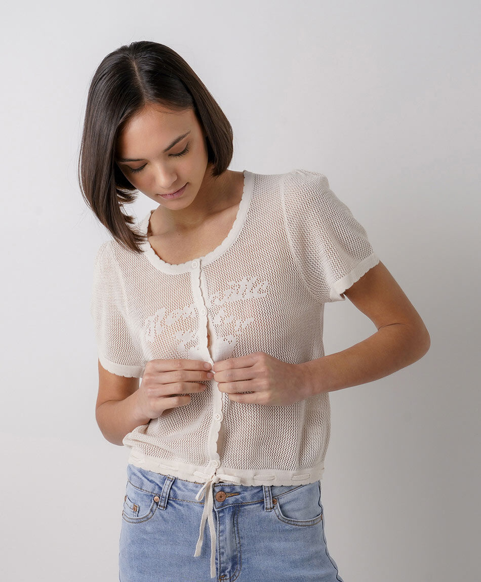 Cardigan mujer calado lazo beige