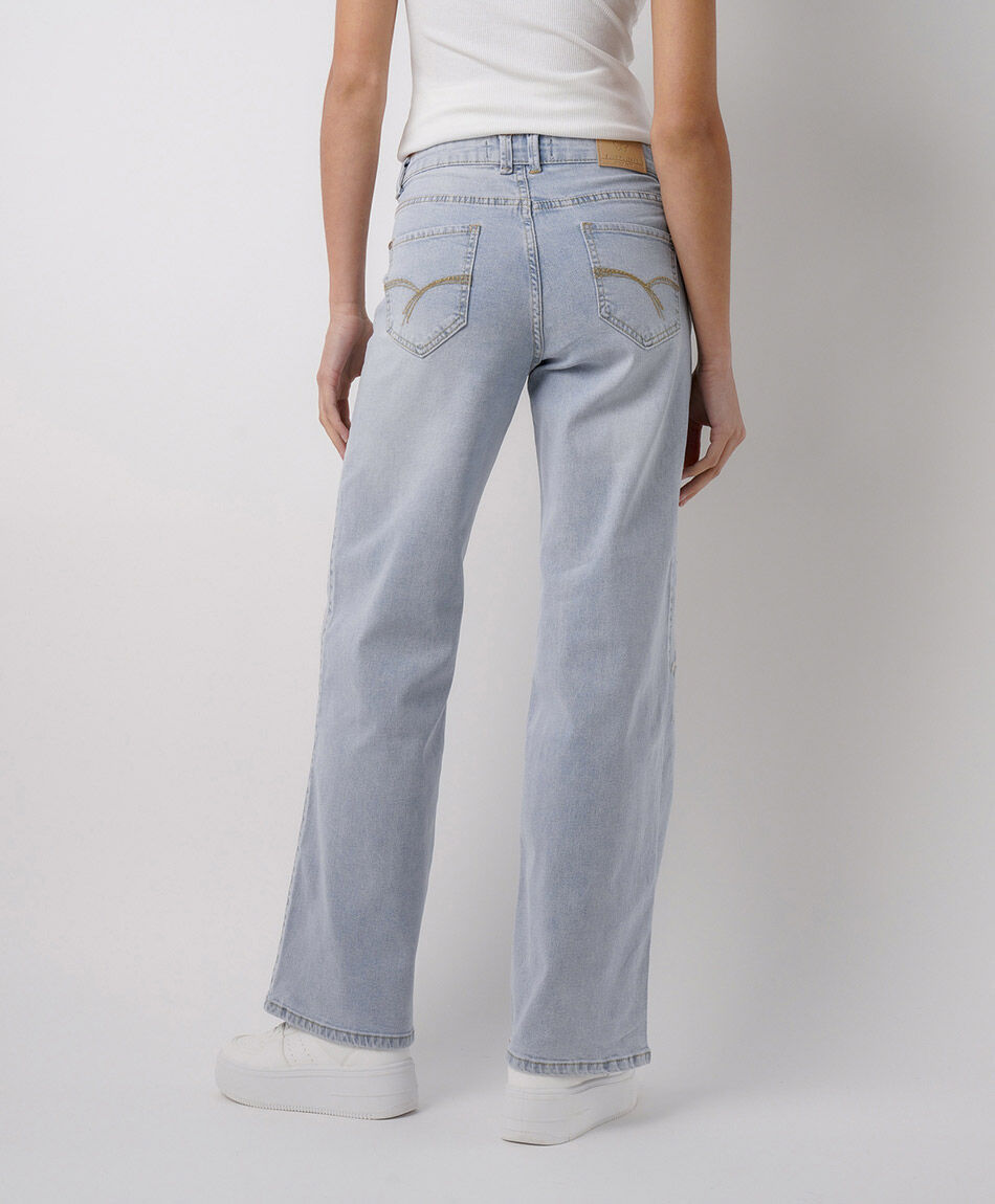 Jeans mujer wide leg flores bordadas lateral