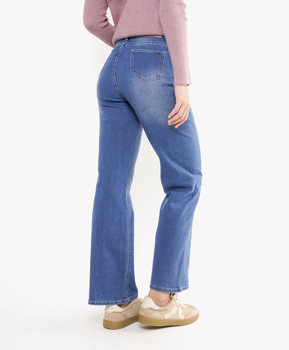 Jeans mujer wide leg denim tachas diagonal