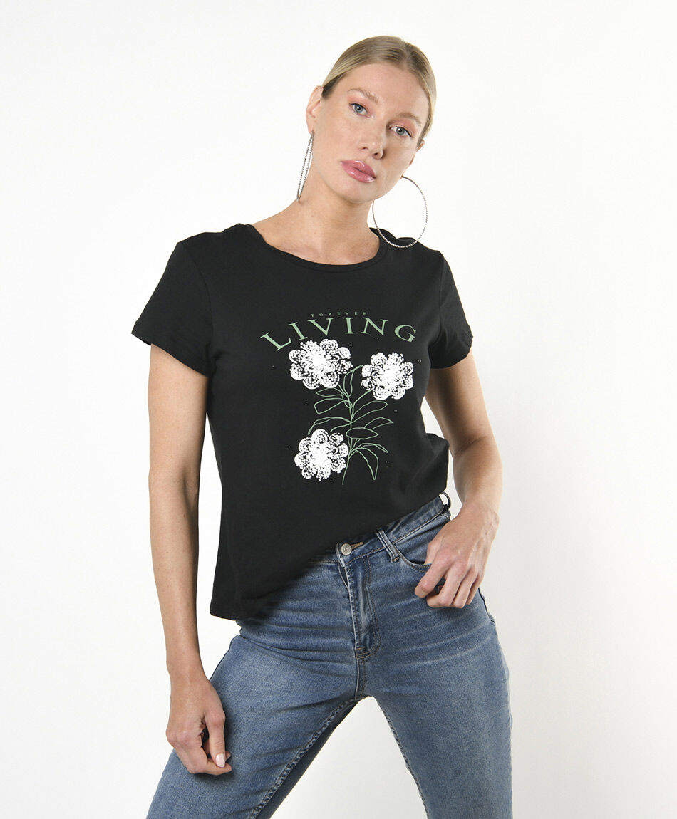 Polera mujer flores perlas