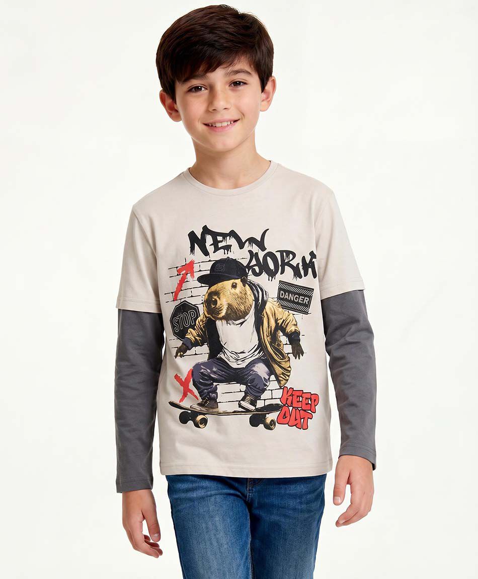 Polera ni&ntilde;o manga larga capibara skate