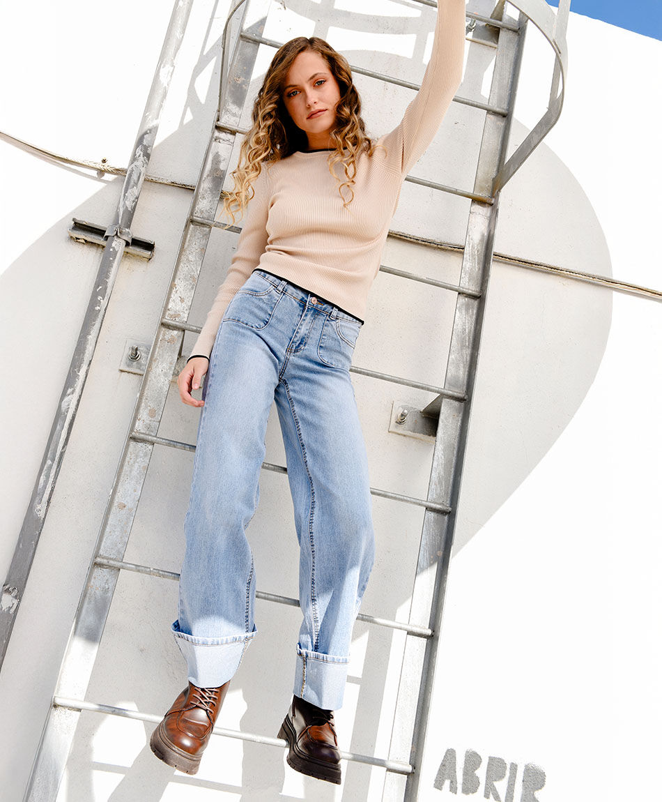 Jeans mujer wide leg basta doblada